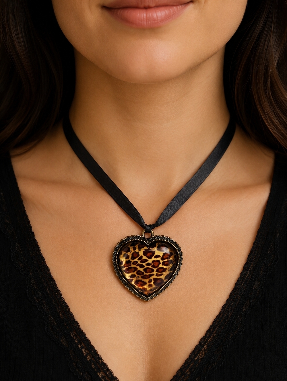 Antique Leopard Print Heart Pendant Necklace